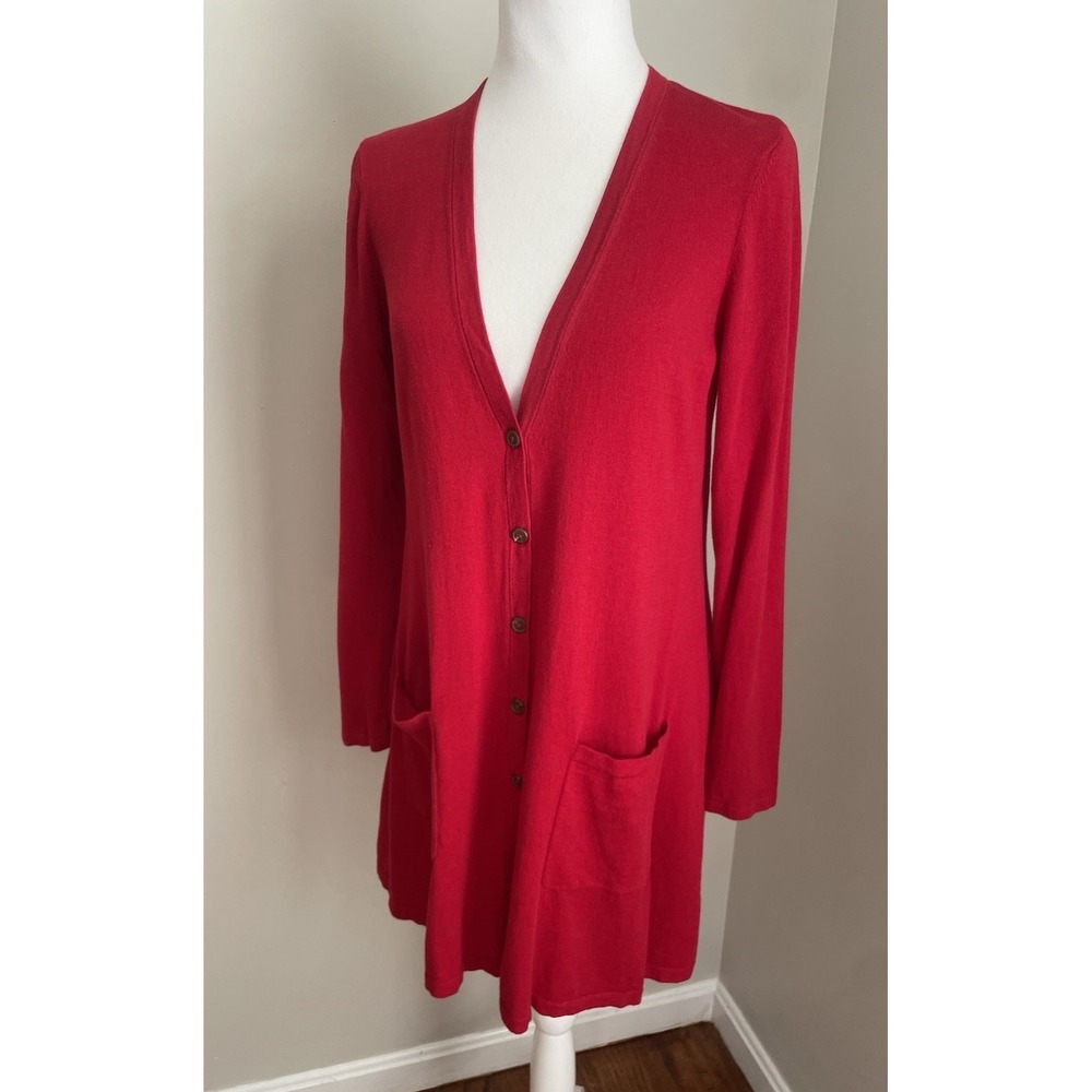 J. Jill Women S‎ Red Long Cardigan Button Lightweight Flowy Holiday Christmas
